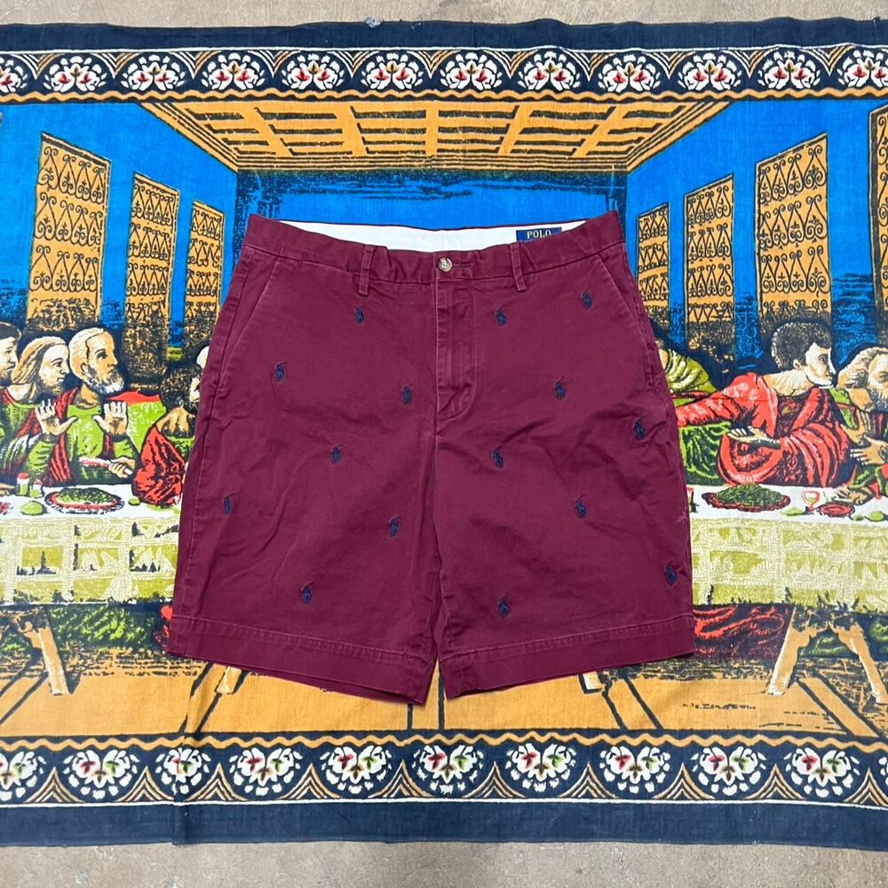 Ralph Lauren burgundy shorts embroidered pony polo horses Size 32 preppy casual